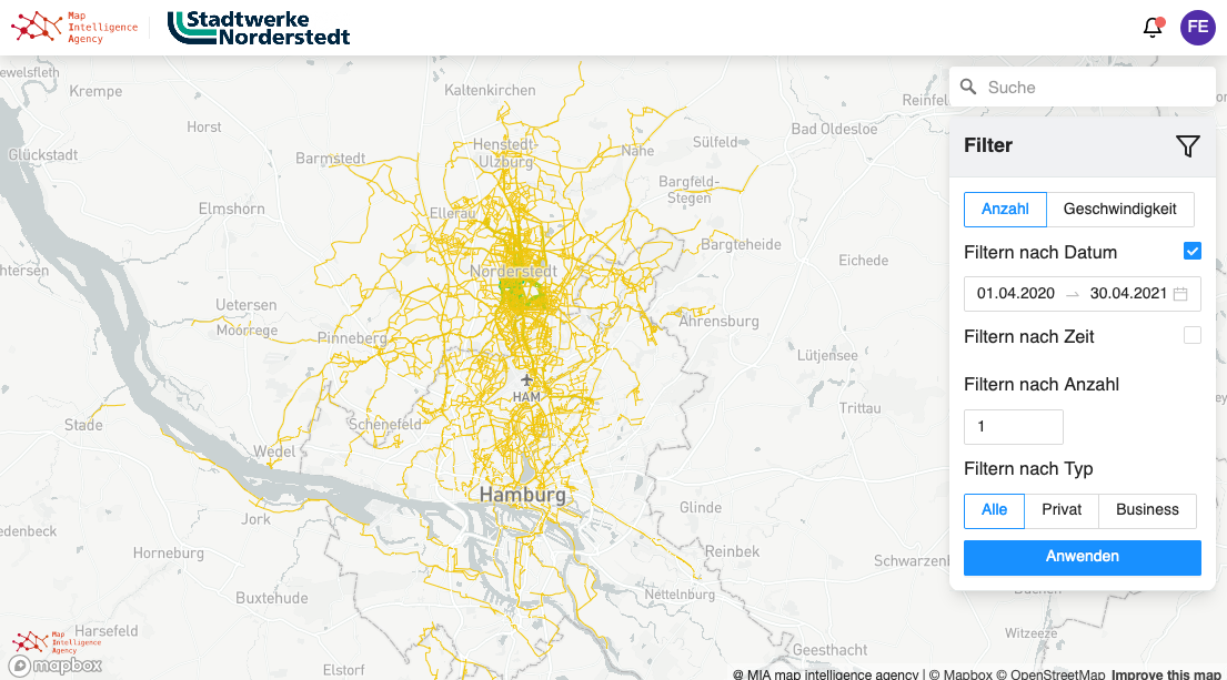 Die MIA Mobility Engine, welche einen Ausschnitt von der schleswig-holsteinischen Stadt Norderstedt zeigt. In Gelb sieht man Routen von Fahrradfahrern